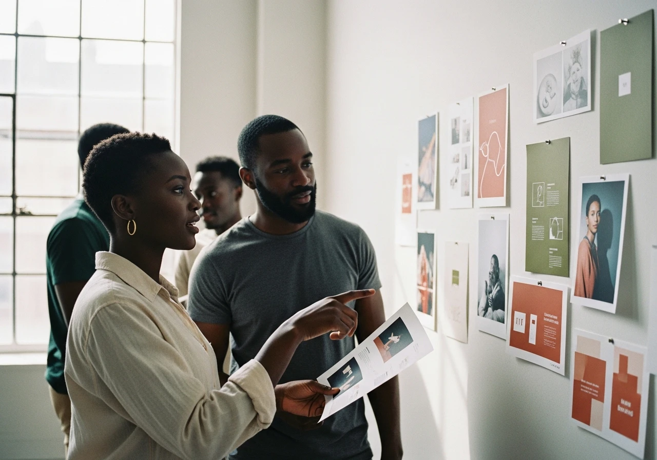 Newmot Creations team reviewing brand work in the studio